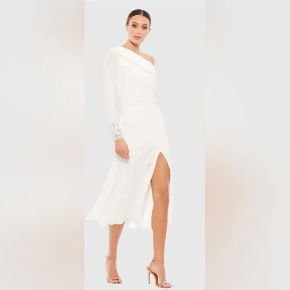 Mac Duggal 26485 Foldover Long Sleeve Jeweled Midi Dress NWT size 4 White